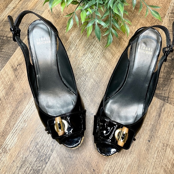 Stuart Weitzman wedge Patton leather wedge woven bamboo open toe - Picture 2 of 15